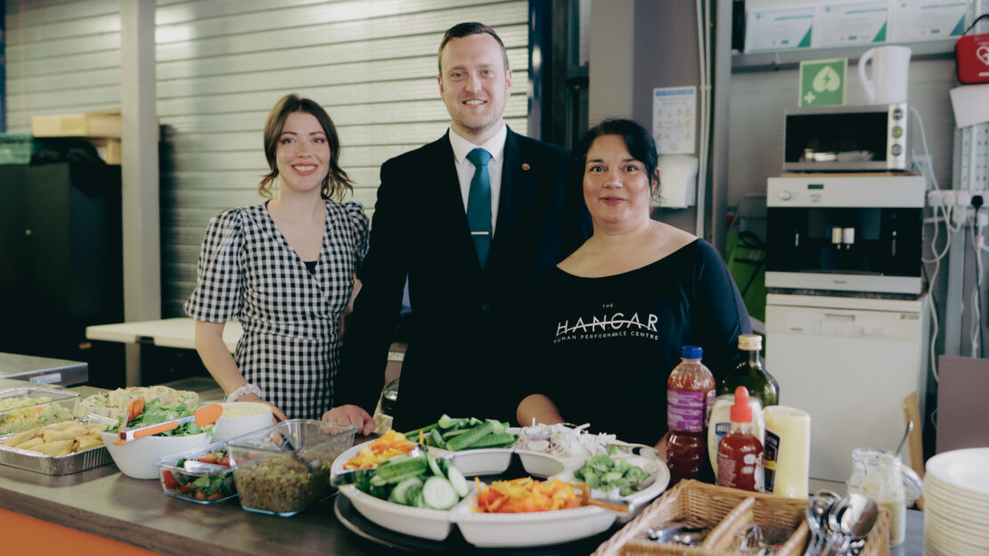 Food Cardiff's Pearl Costello with Patrick Hogan, general manager of Clayton Hotel Cardiff and Faith Attwell, founder of the Hangar Human Performance Centre